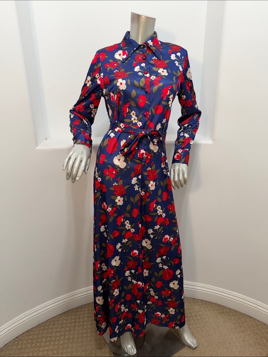 Emilio Borghese Dresses & Skirts - Vintage 70s Emilio Borghese Floral Navy Long-Sleeve Shirt Maxi Dress Size Sz 14